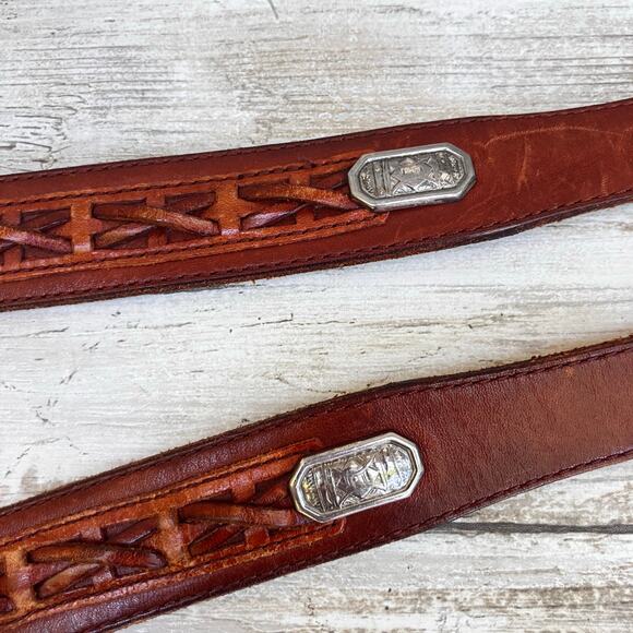 Fossil Western Leather Belt Sz 38 Brown Metal Woven Concho Silver Tone Cowgirl - Picture 4 of 14